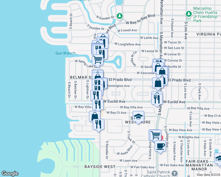 map of restaurants, bars, coffee shops, grocery stores, and more near 3606 West Renellie Circle in Tampa
