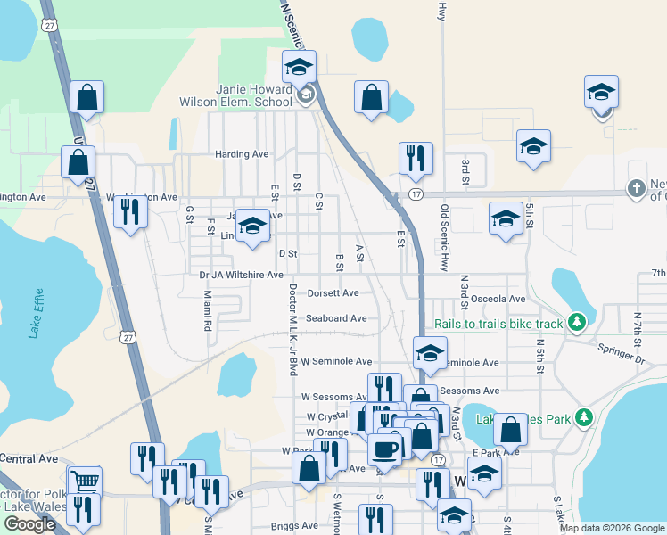 map of restaurants, bars, coffee shops, grocery stores, and more near 115 C Street in Lake Wales