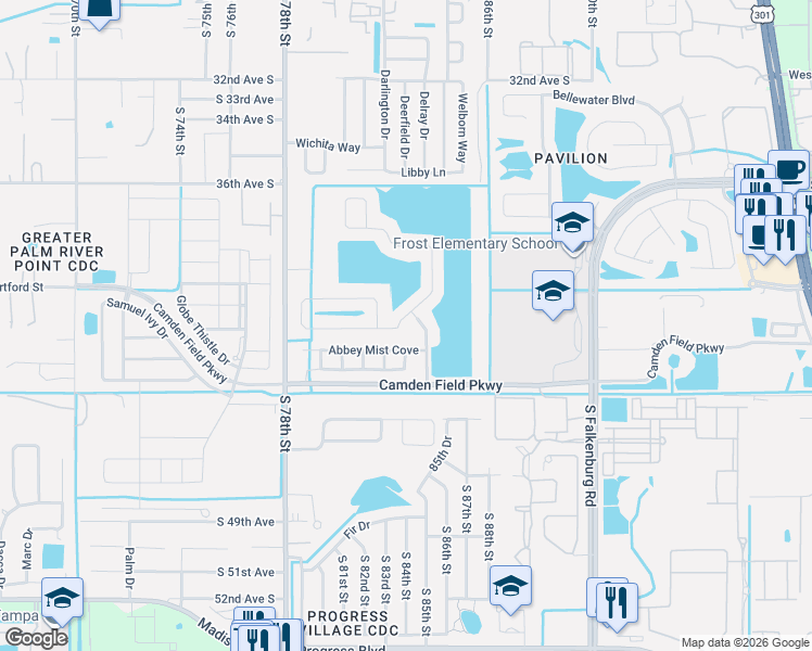map of restaurants, bars, coffee shops, grocery stores, and more near 4205 Hartford Lake Drive in Tampa