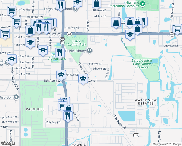 map of restaurants, bars, coffee shops, grocery stores, and more near 605 Century Drive in Largo