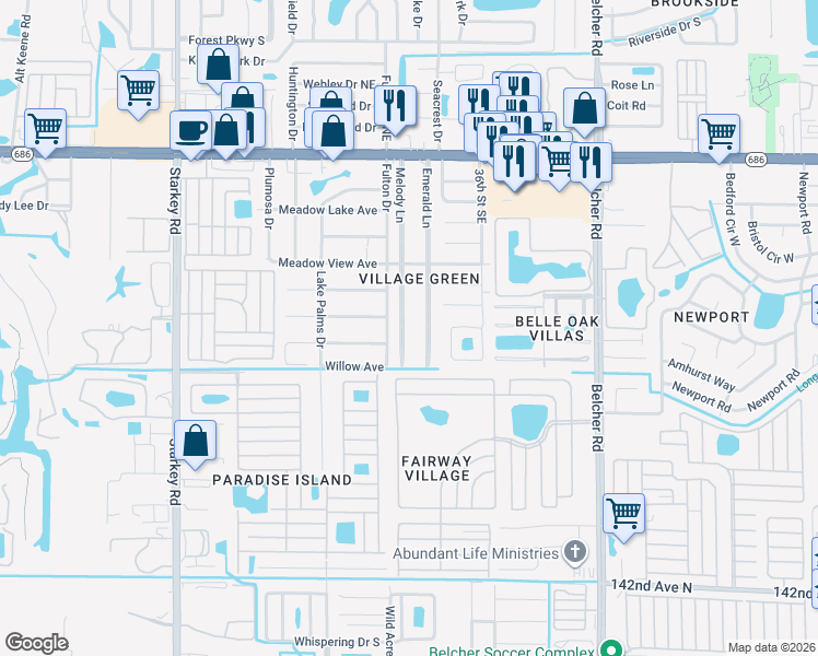map of restaurants, bars, coffee shops, grocery stores, and more near 225 Melody Lane in Largo
