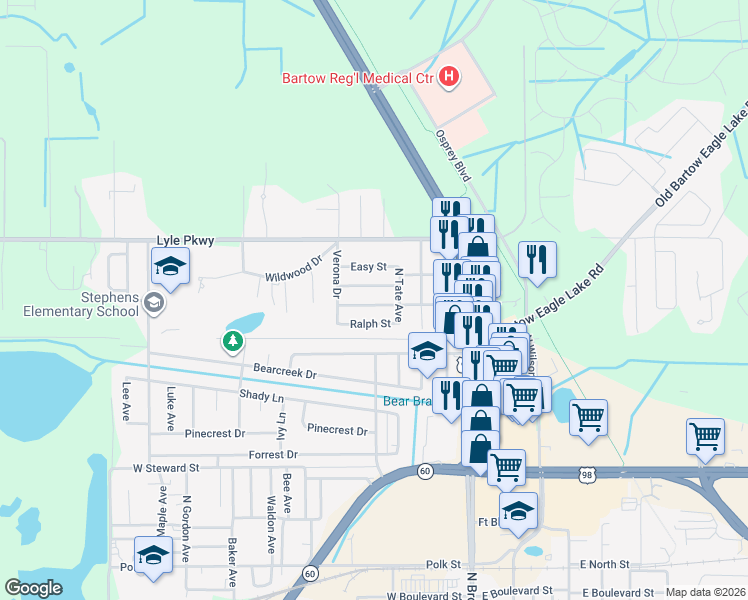 map of restaurants, bars, coffee shops, grocery stores, and more near 450 East Lucile Street in Bartow