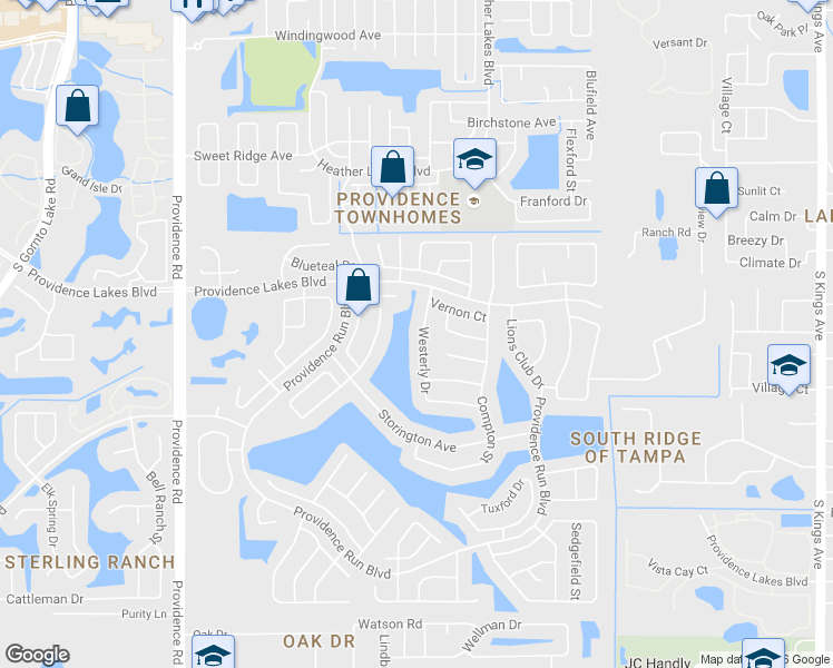 map of restaurants, bars, coffee shops, grocery stores, and more near 1519 Westerly Drive in Brandon