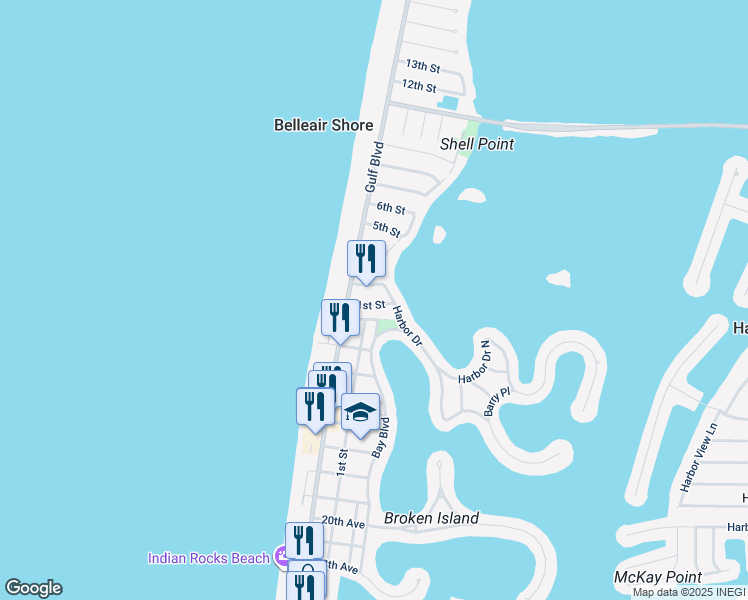 map of restaurants, bars, coffee shops, grocery stores, and more near 109 1st Street in Belleair Beach