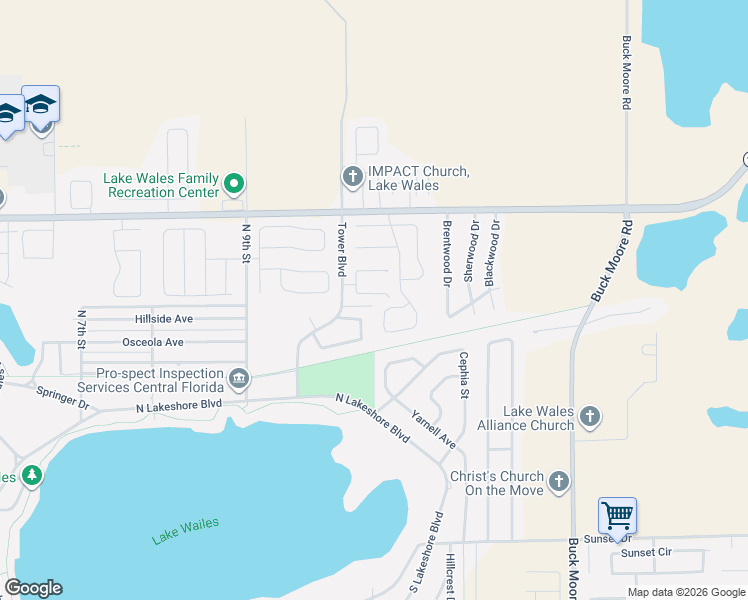map of restaurants, bars, coffee shops, grocery stores, and more near 1030 South Tower Lane in Lake Wales