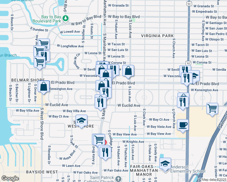 map of restaurants, bars, coffee shops, grocery stores, and more near 4302 West Kensington Avenue in Tampa
