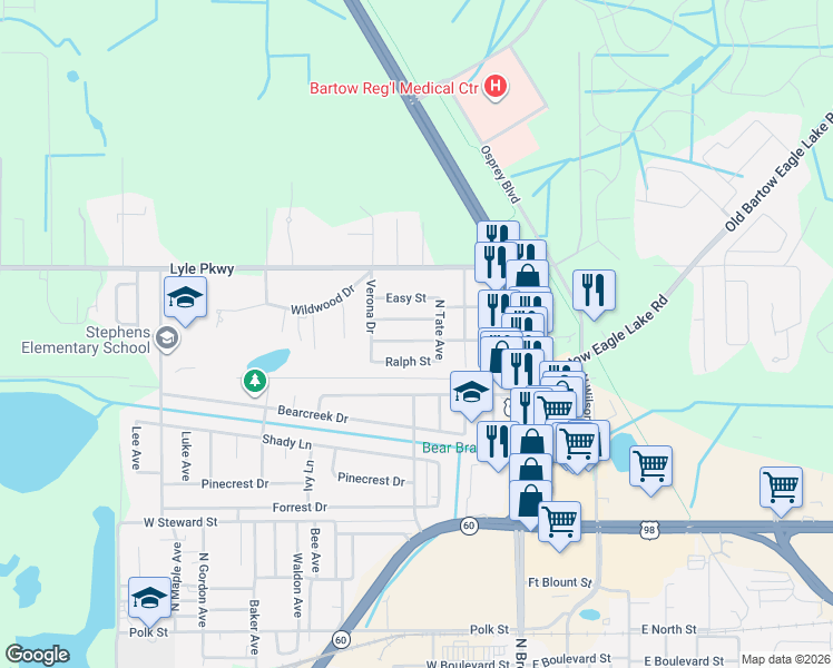 map of restaurants, bars, coffee shops, grocery stores, and more near 450 East Lucile Street in Bartow