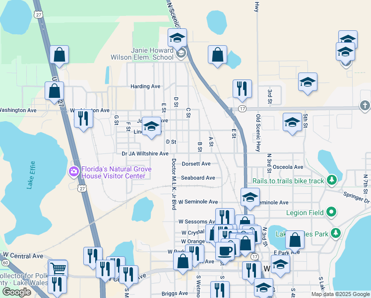 map of restaurants, bars, coffee shops, grocery stores, and more near 115 C Street in Lake Wales