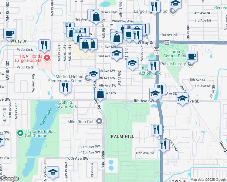 map of restaurants, bars, coffee shops, grocery stores, and more near 520 7th Avenue Southwest in Largo