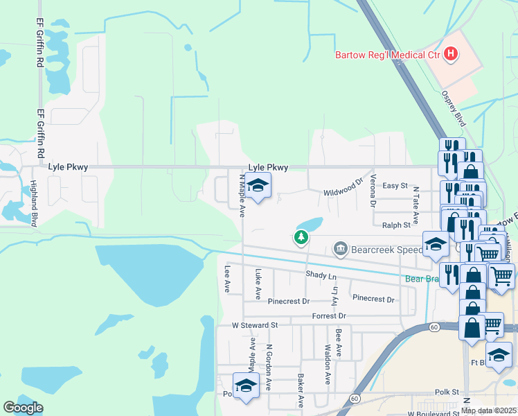 map of restaurants, bars, coffee shops, grocery stores, and more near 1350 Maple Avenue North in Bartow