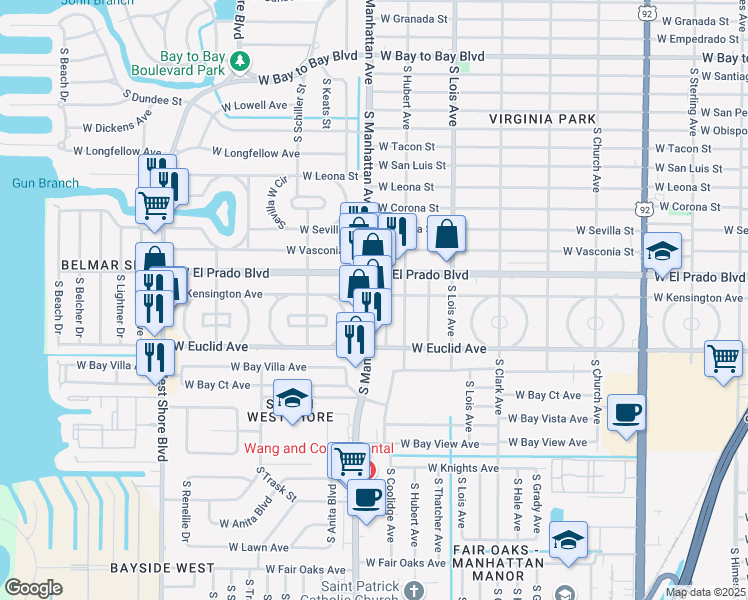 map of restaurants, bars, coffee shops, grocery stores, and more near 3601 South Manhattan Avenue in Tampa