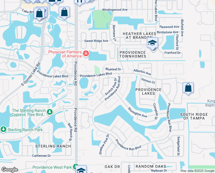 map of restaurants, bars, coffee shops, grocery stores, and more near 1521 Little Brook Lane in Brandon