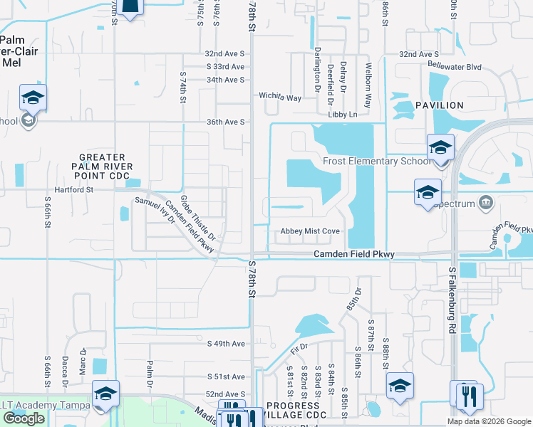 map of restaurants, bars, coffee shops, grocery stores, and more near 8118 Canterbury Lake Boulevard in Tampa