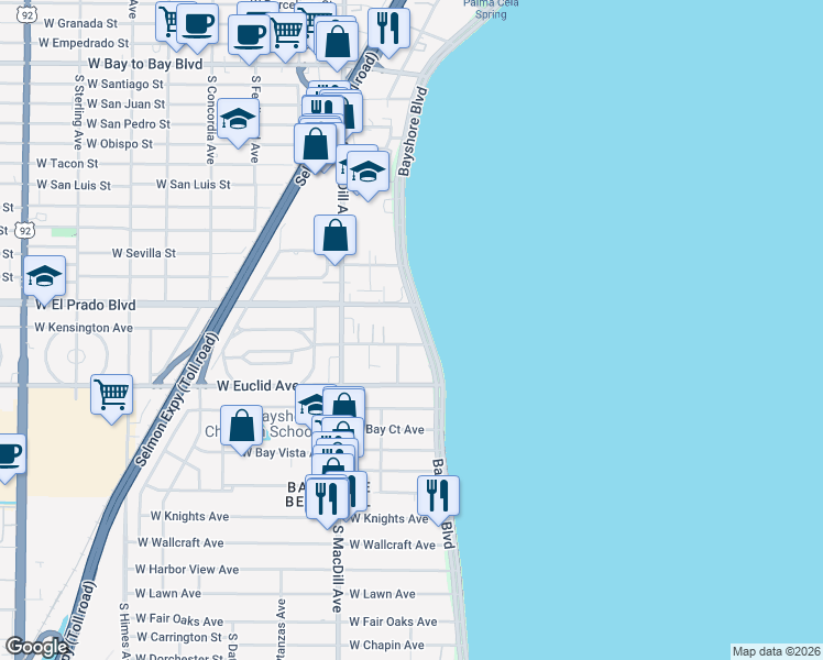 map of restaurants, bars, coffee shops, grocery stores, and more near 3507 Bayshore Boulevard in Tampa