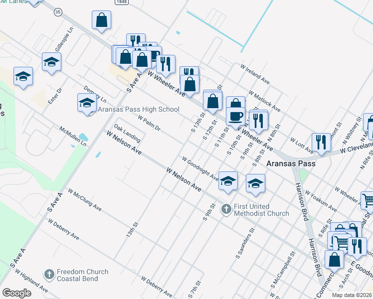 map of restaurants, bars, coffee shops, grocery stores, and more near 327 South 13th Street in Aransas Pass
