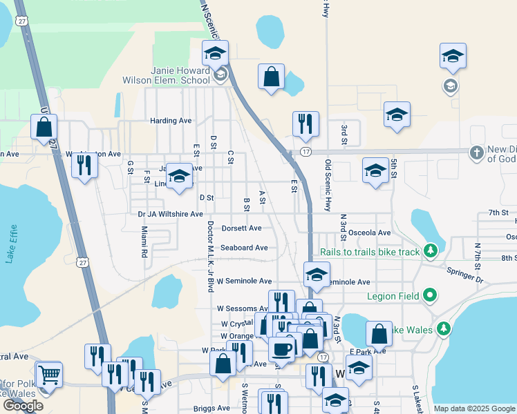 map of restaurants, bars, coffee shops, grocery stores, and more near 107 A Street in Lake Wales