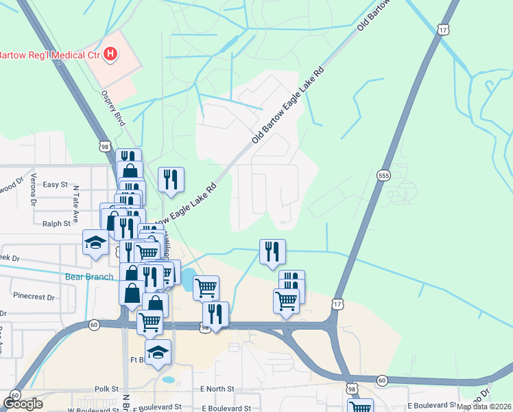 map of restaurants, bars, coffee shops, grocery stores, and more near 1618 Taylor Brooke Dr in Bartow