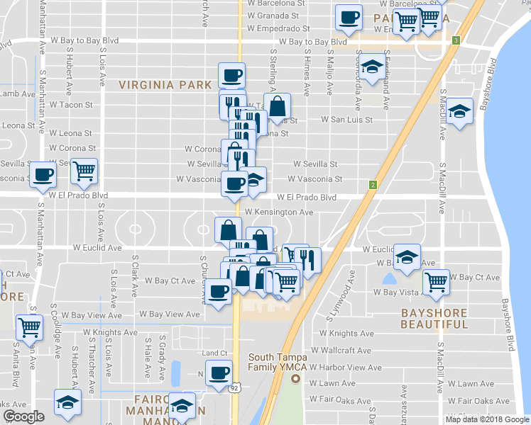 map of restaurants, bars, coffee shops, grocery stores, and more near 3604 West Kensington Avenue in Tampa