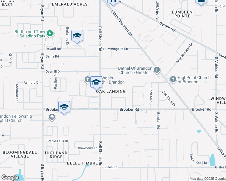 map of restaurants, bars, coffee shops, grocery stores, and more near 2421 Oak Landing Drive in Brandon