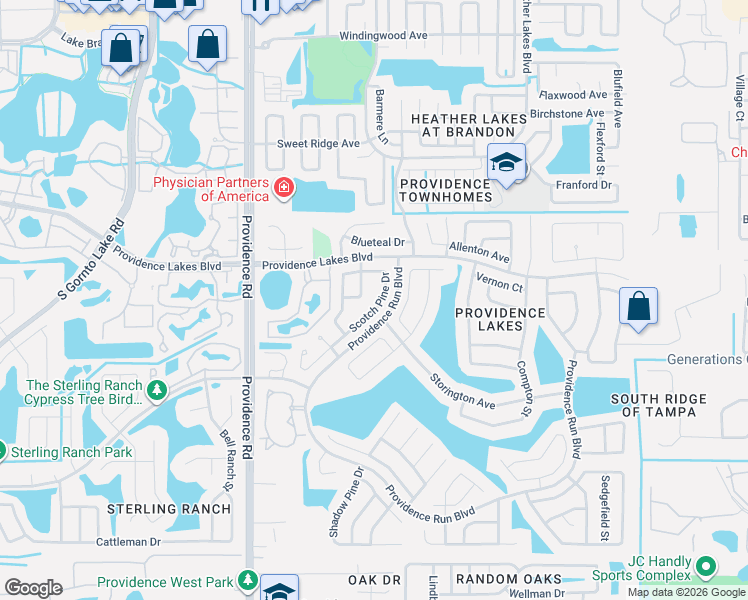 map of restaurants, bars, coffee shops, grocery stores, and more near 1521 Little Brook Lane in Brandon