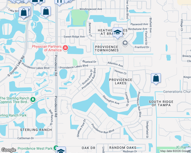 map of restaurants, bars, coffee shops, grocery stores, and more near 1531 Scotch Pine Drive in Brandon