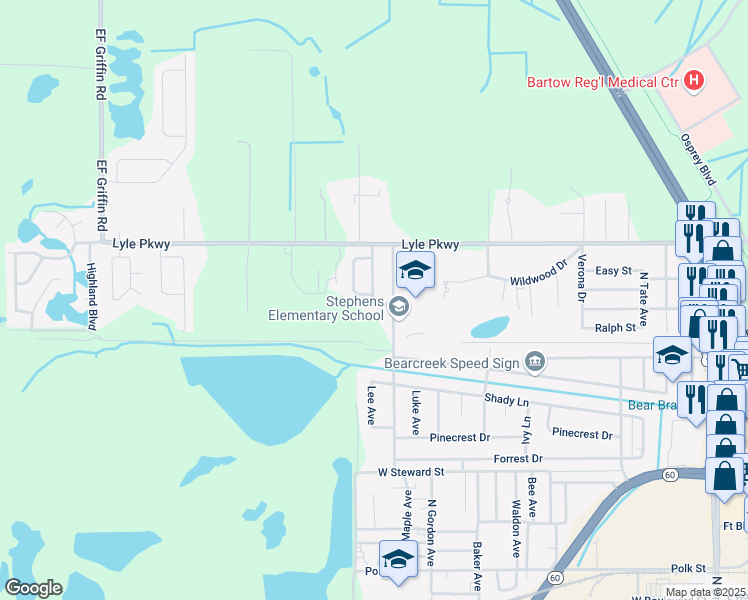 map of restaurants, bars, coffee shops, grocery stores, and more near 1480 Ansley Avenue in Bartow