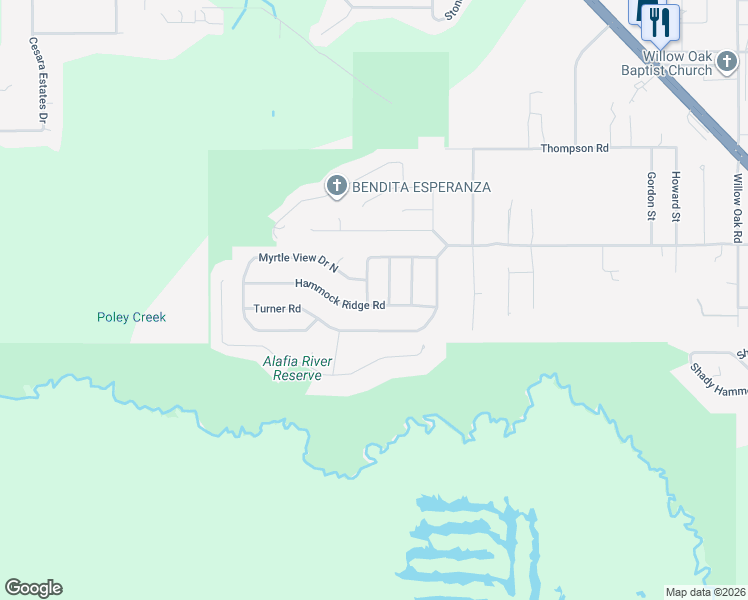 map of restaurants, bars, coffee shops, grocery stores, and more near 4873 Palm View Drive North in Mulberry
