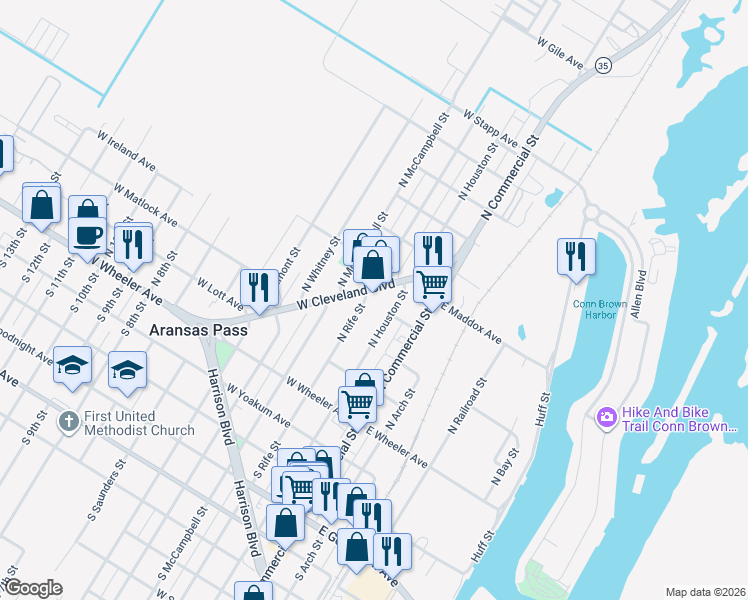 map of restaurants, bars, coffee shops, grocery stores, and more near 235 West Cleveland Boulevard in Aransas Pass