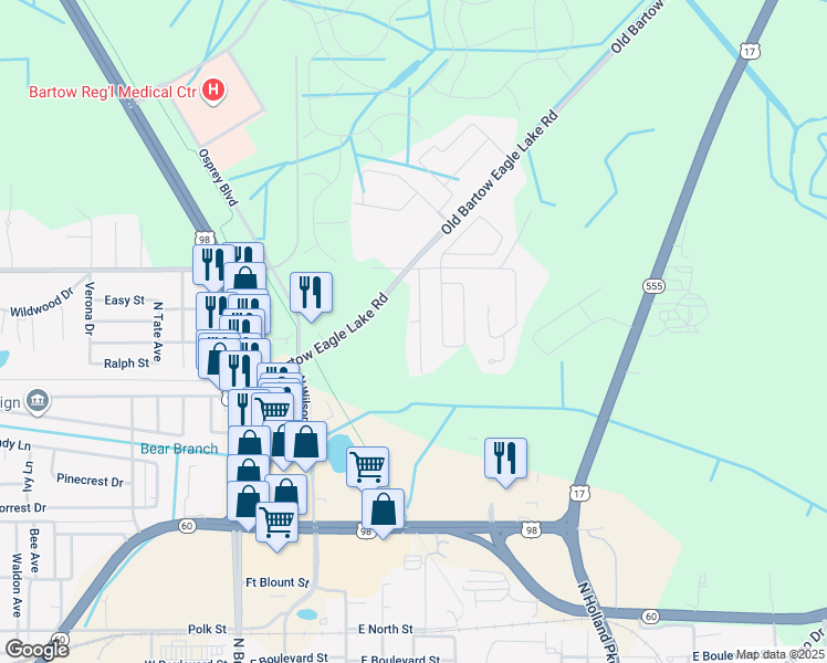 map of restaurants, bars, coffee shops, grocery stores, and more near 1659 Taylor Brooke Drive in Bartow