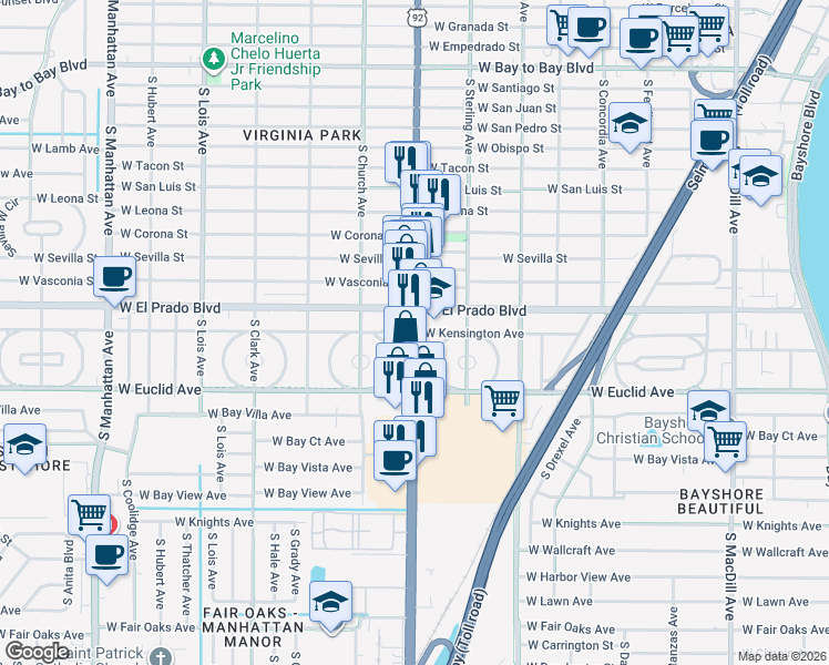 map of restaurants, bars, coffee shops, grocery stores, and more near S Dale Mabry Hwy & W Kensington Ave in Tampa