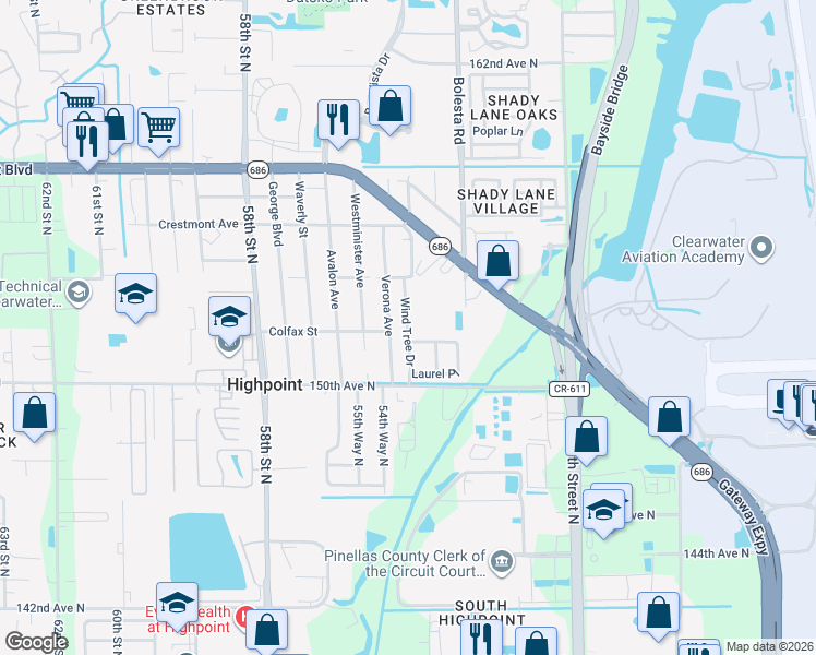 map of restaurants, bars, coffee shops, grocery stores, and more near 15195 Wind Tree Drive in Clearwater