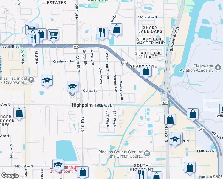 map of restaurants, bars, coffee shops, grocery stores, and more near 15197 Westminister Avenue in Clearwater