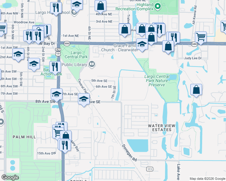 map of restaurants, bars, coffee shops, grocery stores, and more near 613 7th Street Southeast in Largo