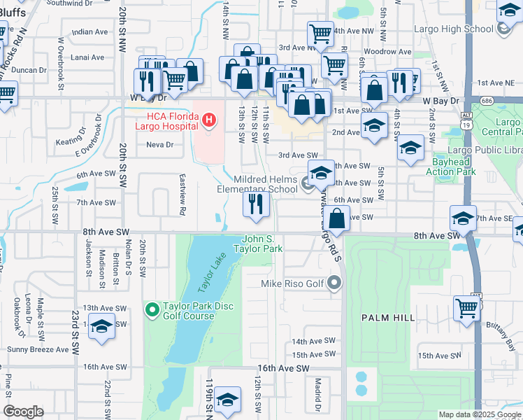 map of restaurants, bars, coffee shops, grocery stores, and more near 1150 8th Avenue Southwest in Largo