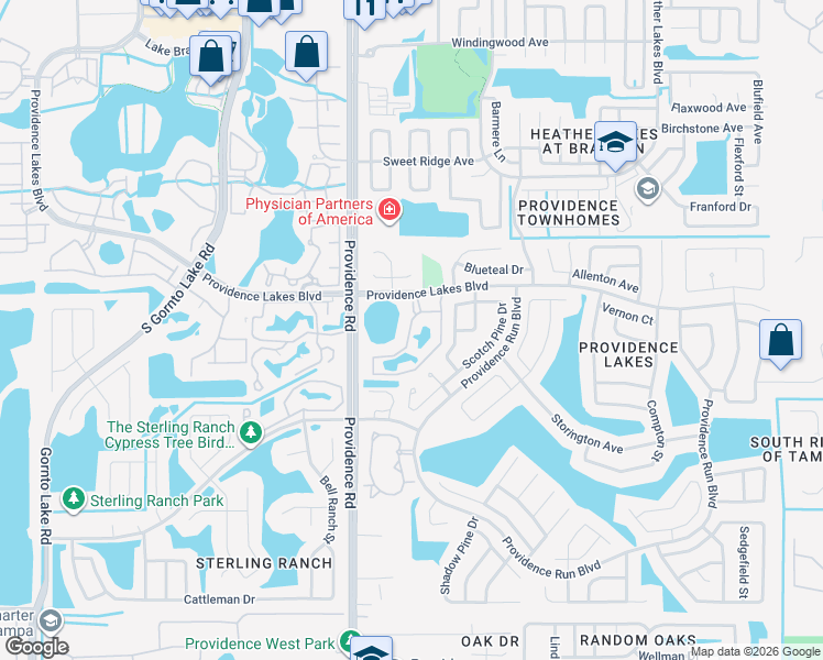map of restaurants, bars, coffee shops, grocery stores, and more near 1850 Providence Lakes Boulevard in Brandon