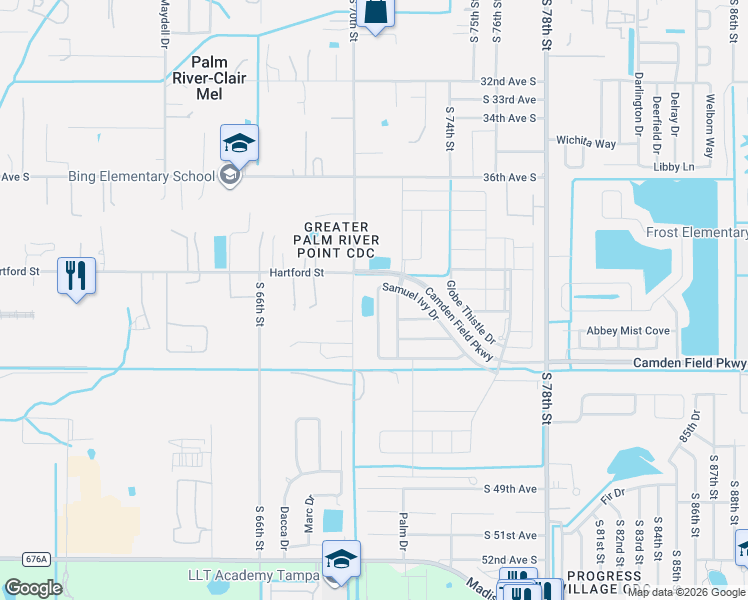 map of restaurants, bars, coffee shops, grocery stores, and more near 7170 Samuel Ivy Drive in Tampa