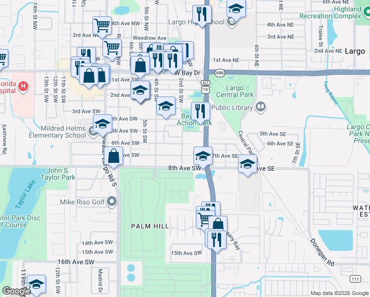 map of restaurants, bars, coffee shops, grocery stores, and more near 620 2nd Street Southwest in Largo