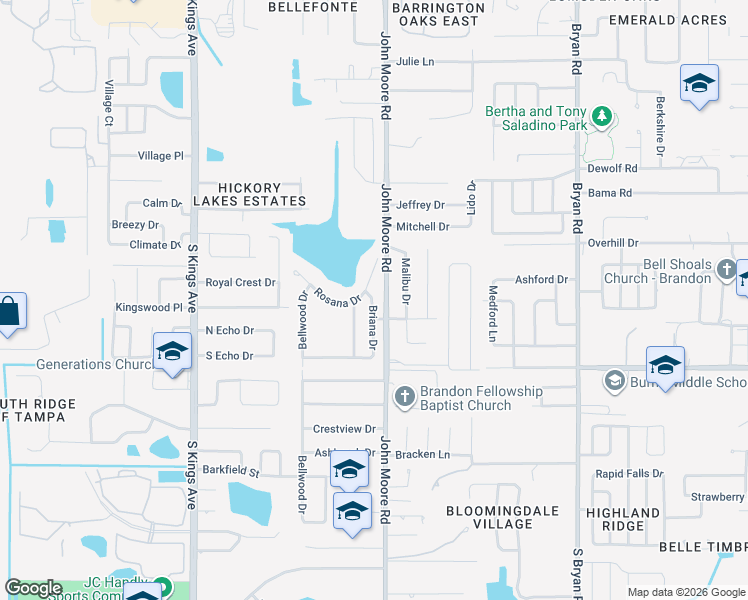 map of restaurants, bars, coffee shops, grocery stores, and more near 2212 John Moore Road in Brandon
