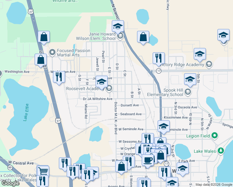 map of restaurants, bars, coffee shops, grocery stores, and more near 424 West Northside Drive in Lake Wales