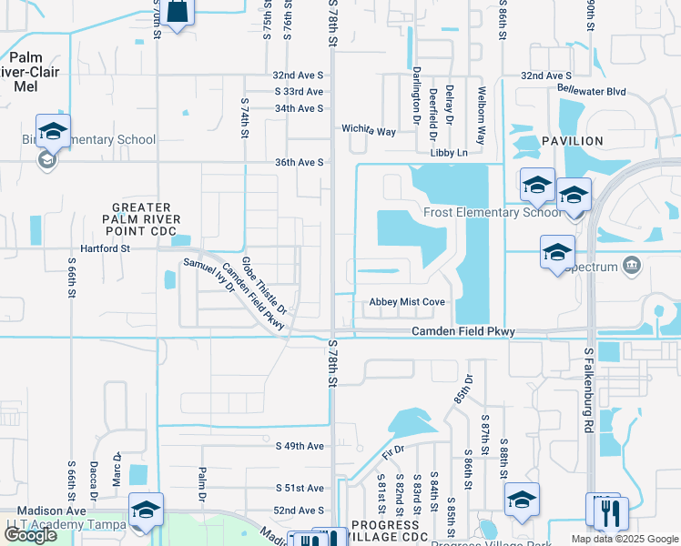 map of restaurants, bars, coffee shops, grocery stores, and more near 8113 Canterbury Lake Boulevard in Tampa