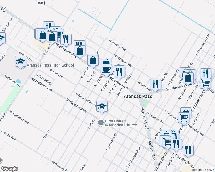 map of restaurants, bars, coffee shops, grocery stores, and more near 1029 West Yoakum Avenue in Aransas Pass