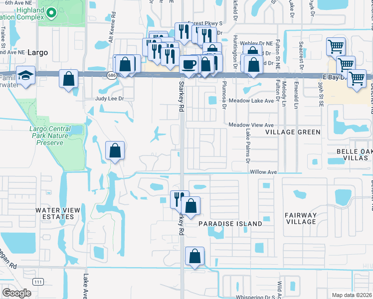 map of restaurants, bars, coffee shops, grocery stores, and more near 750 Starkey Road in Largo