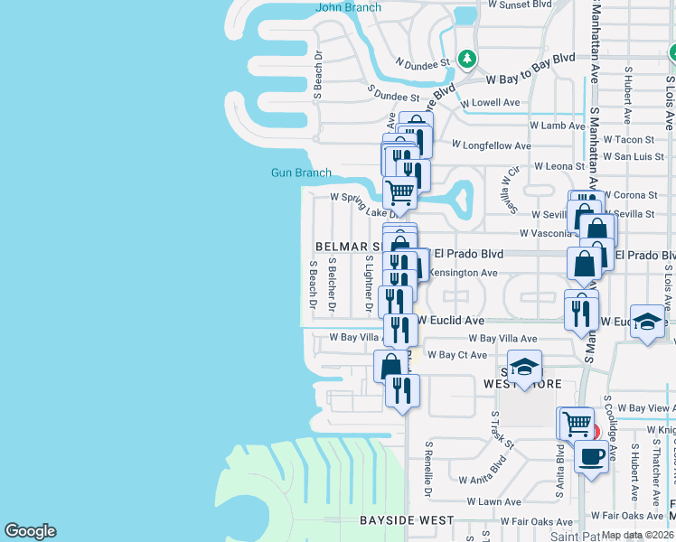 map of restaurants, bars, coffee shops, grocery stores, and more near 3606 South Belcher Drive in Tampa