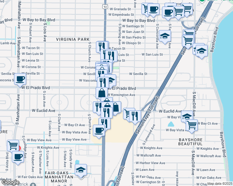 map of restaurants, bars, coffee shops, grocery stores, and more near 3604 West Kensington Avenue in Tampa