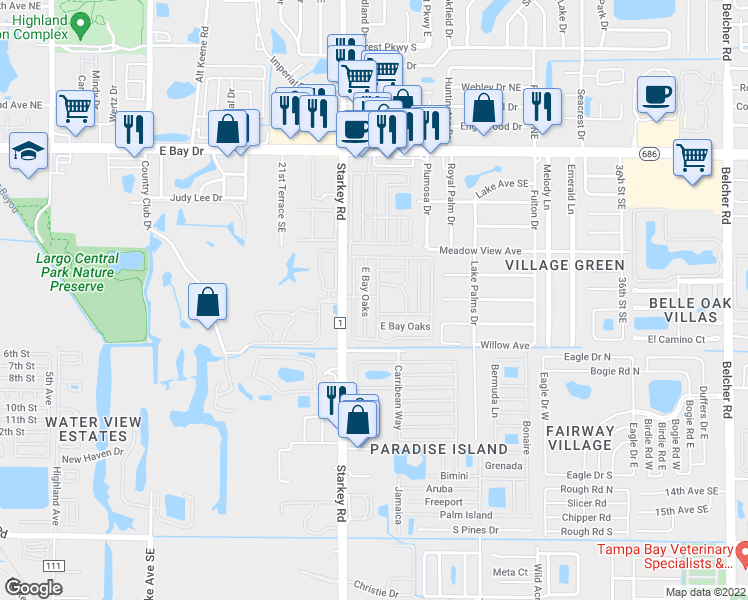 map of restaurants, bars, coffee shops, grocery stores, and more near 301 Starkey Road in Largo