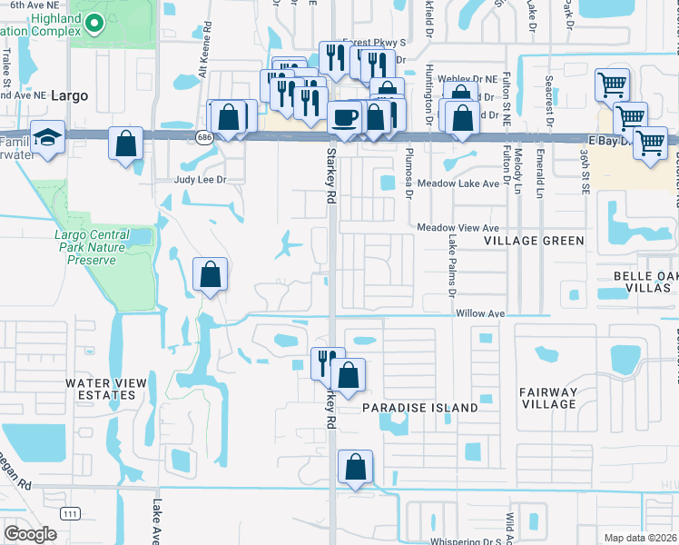 map of restaurants, bars, coffee shops, grocery stores, and more near 750 Starkey Road in Largo
