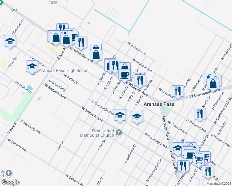 map of restaurants, bars, coffee shops, grocery stores, and more near 234 South 10th Street in Aransas Pass