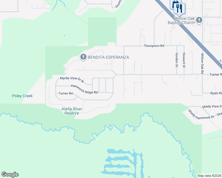 map of restaurants, bars, coffee shops, grocery stores, and more near 4632 Turner Road in Mulberry