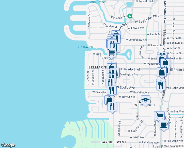 map of restaurants, bars, coffee shops, grocery stores, and more near 3607 South Belcher Drive in Tampa