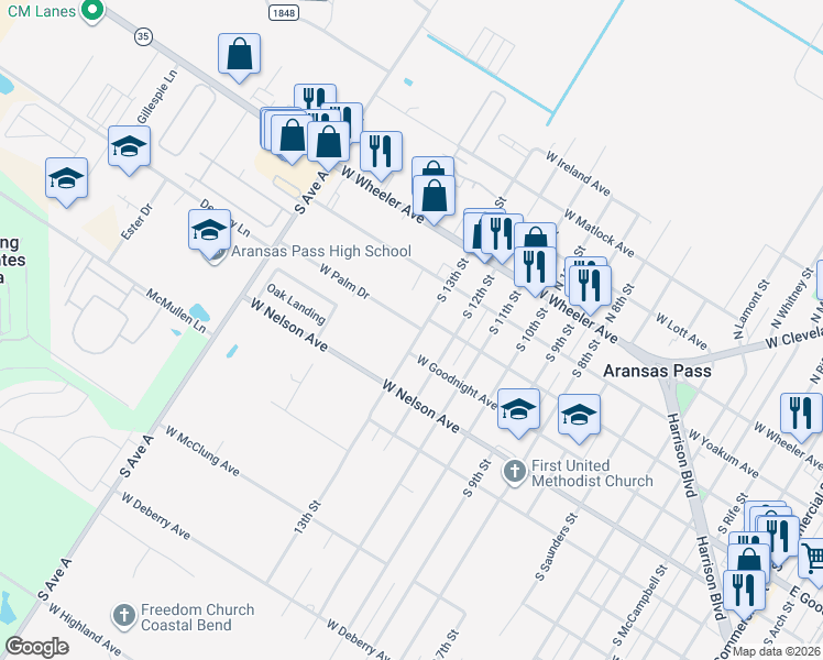 map of restaurants, bars, coffee shops, grocery stores, and more near 327 South 13th Street in Aransas Pass